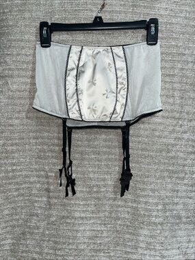 Vintage Victoria's Secret Silver Satin & Mesh Micro Mini Skirt Garter Belt Bows